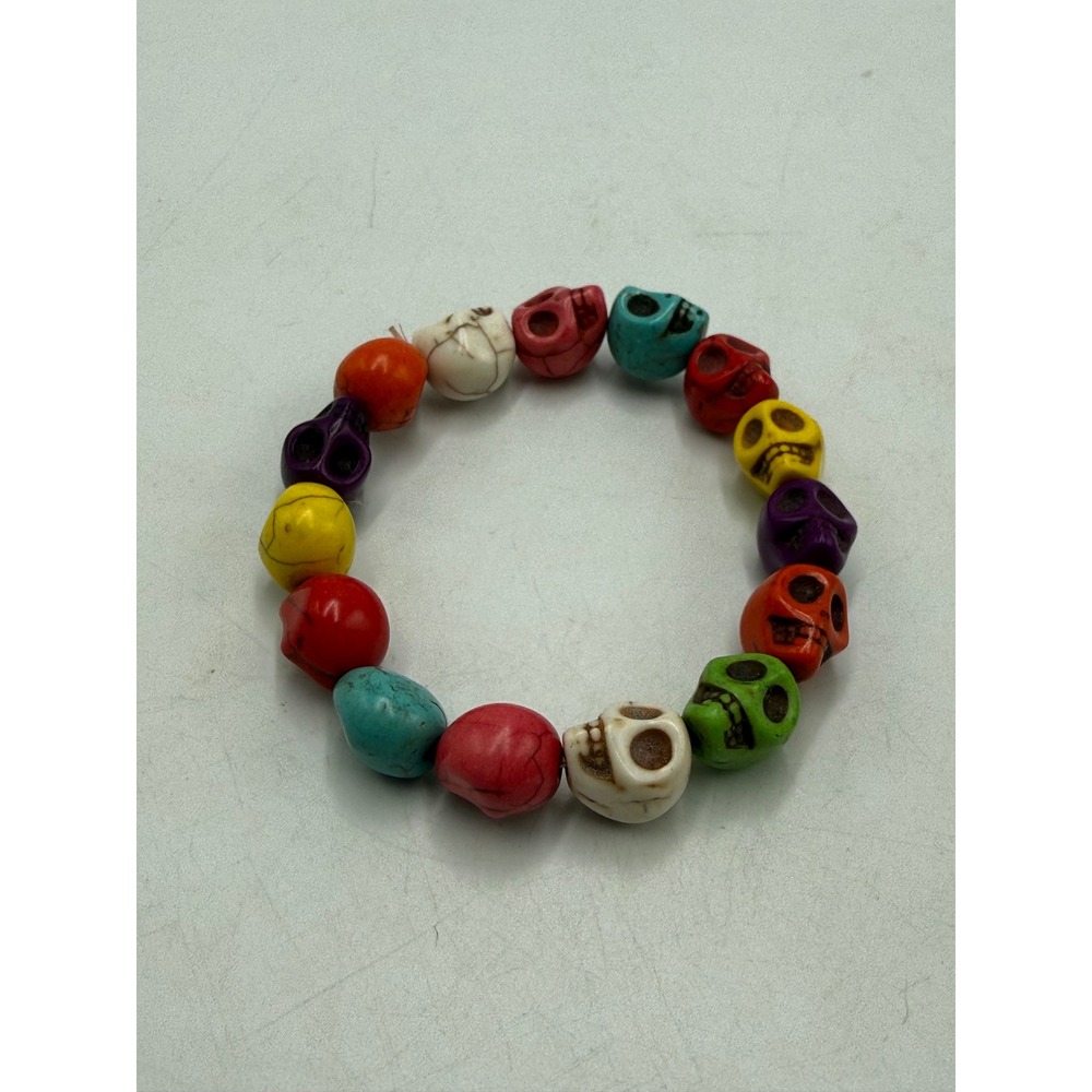 Multicolor Skull Bead Stretch Bracelet Gothic Punk Boho Eclectic Accessory